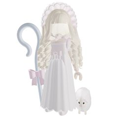 the doll is wearing a white dress and standing next to an umbrella with a pink bow on it