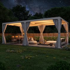 a gazebo lit up at night with the stars in the sky above it and furniture on the ground