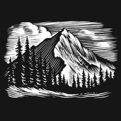 a black and white drawing of a mountain with pine trees in the foreground on a dark background