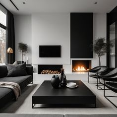 🤍 A black-and-white minimalist living room featuring a fireplace creates a cozy yet chic environment. The clean, simple design and neutral tones offer a serene, welcoming space. The fireplace adds warmth and charm to the modern interior. 🤍 White With Black Accents Living Rooms, Modern Living Room Ideas, Black And White Living Room, White Minimalist, White Living, White Living Room, Living Room Accents, The Fireplace, Minimalist Living