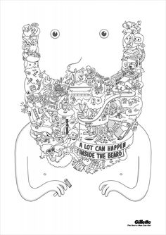 a drawing of a man's head with many different things on the top and bottom