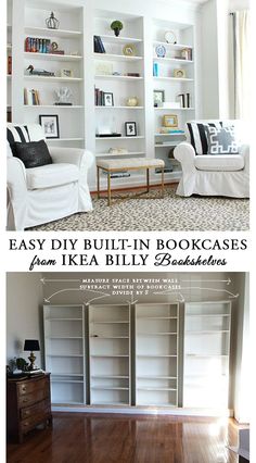 the before and after shots of an easy diy built in bookcases from ikea billy