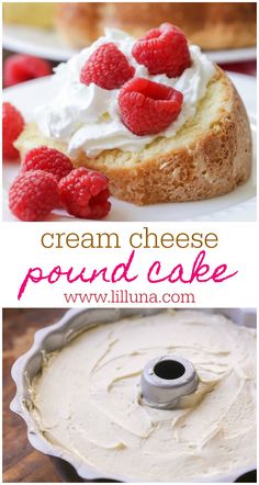 cream cheese pound cake with fresh raspberries on top and whipped cream in the middle