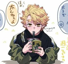 an anime character is holding a drink and looking at his cell phone