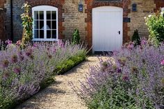 a garden with purple flowers in front of a brick building and white door that leads to the outside