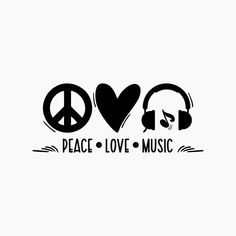 peace love music with headphones and heart on white background for poster or t - shirt design