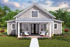 a small gray house with white trim and windows