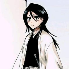 an anime character with long black hair and blue eyes, wearing a white blazer