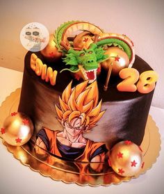 a birthday cake decorated with an image of gohan