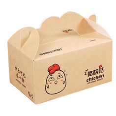 a cardboard box with an image of a chicken on the front and side, in chinese