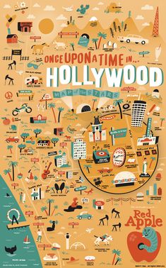 the poster for once upon a time in hollywood is shown on an orange background with various icons