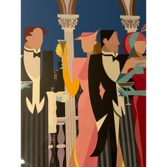 an abstract painting of people standing in front of columns