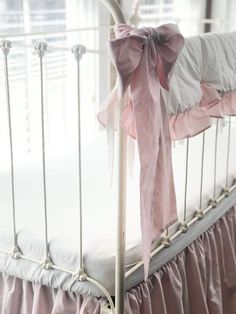 White and Baby Pink | Scalloped Crib Rail Cover Set + Large Crib Bows Crib Bows, Farmhouse Pink, Baby Pink Bedding, Bumper Pads For Cribs, Girl Crib Bedding Sets, Pink Crib, Girl Nursery Bedding