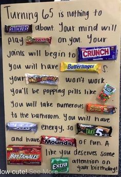 a bulletin board with candy bars on it