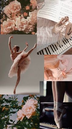 a collage of ballet images with pink flowers and piano keys in the foreground