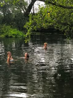 three people are swimming in the river together