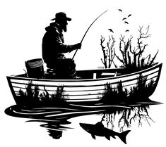 a man in a boat fishing on the water with fish and reeds silhouetted