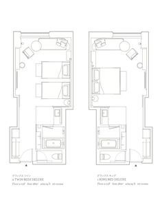 two floor plans showing the bedroom and living room in an apartment with one bed, another sitting