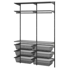 an image of a rack with baskets on it and shelves above the racks for storage