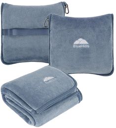 the bluehills towel and pillow set is shown in two different colors, one has a zippered pouch