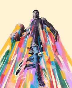 a painting of a basketball player jumping up into the air