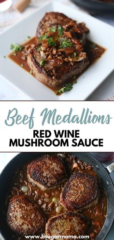 beef medallions with red wine and mushroom sauce in a skillet on a table