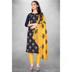 Created specifically for fashion elites, this navy blue cotton churidar suit comprises a delightful traditional look. This round neck and 3/4th sleeve churidar suit was designed using resham thread work. Along with cotton churidar in yellow color with yellow nazneen dupatta. Churidar has plain work. Dupatta decorated using resham thread work. This churidar suit can be customized up to the maximum size available in inches 58.