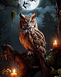 an owl sitting on top of a tree branch in front of a full moon and flying birds