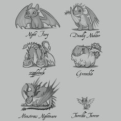 six different types of monsters with their names in black and white on a gray background