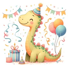 a cartoon dinosaur with a party hat and balloons