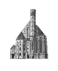 a black and white drawing of a church