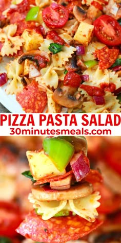 pizza pasta salad is stacked on top of each other