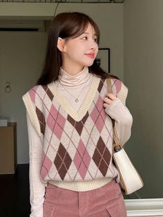 Women's Solid Color Patchwork V-Neck Sleeveless Sweater Vest, Casual Wear Beige Casual   Knitwear Geometric  Medium Stretch  Women Clothing, size features are:Bust: ,Length: ,Sleeve Length: Sweater Vest And Flared Pants, Pink Sweater Vest, Fitted Retro Brown Sweater Vest, Korean Knitted Vest, Fitted Pink Sweater Vest, Casual Style, Korean Fashion Sweater Vest, Fitted Brown Vintage Sweater Vest, Earth Tones Fashion, Casual Knitwear