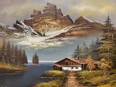 an oil painting of a cabin in the mountains with a lake and mountain range behind it