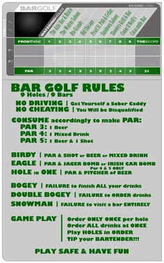 the back side of a poster with instructions on how to play golf in different countries