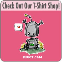 an image of a robot with the words check out our t - shirt shop on it