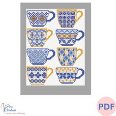 a cross stitch pattern with coffee mugs in blue, yellow and orange colors on a white background