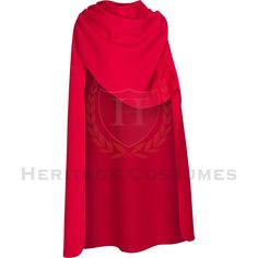 a red cape with a crest on the chest and hood is shown in front of a white background