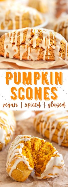 pumpkin scones with white icing and drizzled on top are shown