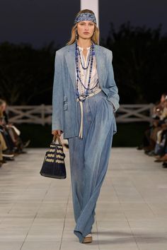 Ralph Lauren Spring 2025 Ready-to-Wear Collection | Vogue Ralph Lauren Ss25, 2025 Spring, Blue Slip Dress, Spring Runway, Slinky Dress, Column Skirt, Jeans Models