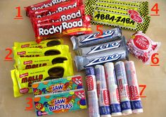 the contents of a variety of candy bars laid out on a table