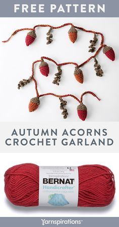 the yarn is red and has pine cones on it, as well as an autumn acorns crochet garland