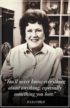 a woman holding a whisk in her hand with a quote from julia child