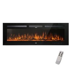 an electric fireplace with remote control and flames on the side, in front of a white background