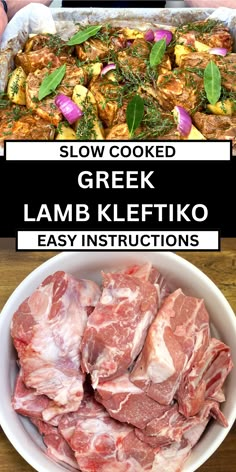 the ingredients for greek lamb skewers are shown in this collage with text that reads, slow cooked greek lamb skewer lamb klefiko easy instructions