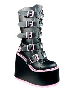 Introducing DUNE KUROMI - BLACK, a fan-favorite boot from YRU and the Sanrio family. Made with black vegan leather, Kuromi enamel charms, and pink enamel buckles, this shoe boasts a 3-inch platform and 6-inch heel. Crafted with a black vegan leather and pink rubber sole, it also features a convenient back zipper closur Pastel Platform Shoes, Kuromi Black, Heart Platforms, Yru Shoes, Demonia Shoes, 6 Inch Heels, Conversation Hearts, Black Platform Boots, Converse With Heart