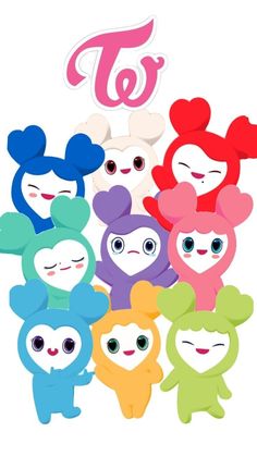 a group of cartoon characters standing next to each other on top of a white background