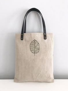 Linen Tote Bag, Birch Leaf, Sewing Leather