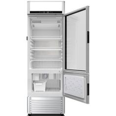 an empty refrigerator with its door open on a white background