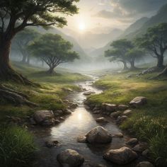 a painting of a stream running through a lush green forest filled with rocks and trees